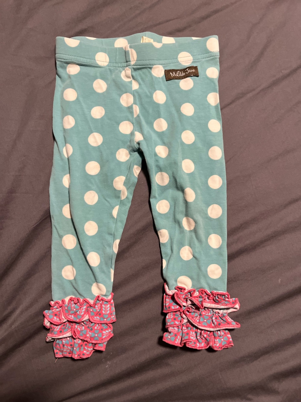 Matilda Jane Teal and White Polka Dot Bottoms with Pink Ruffle Hem